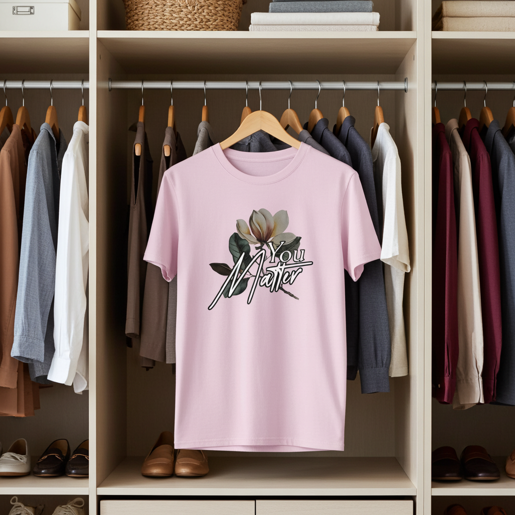 Pink t-shirt with floral design and text in a wardrobe setting