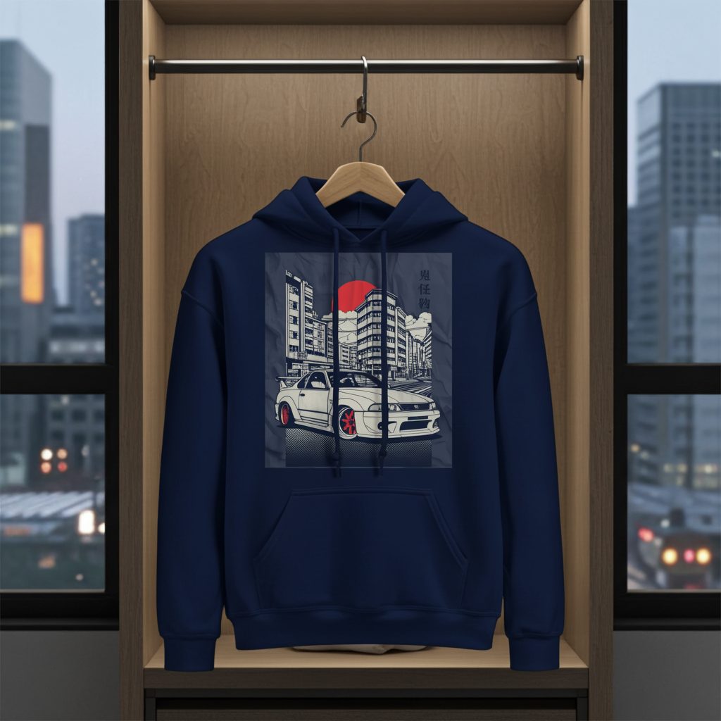 Navy blue hoodie with car graphic on a hanger in a wardrobe with cityscape view