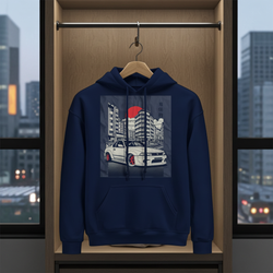 Navy blue hoodie with car graphic on a hanger in a wardrobe with cityscape view