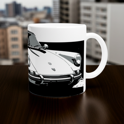 Carrera 911 mug by Urban Palm Trees featuring a black-and-white Porsche 911 front art on glossy 11oz ceramic.