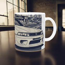 White mug with car design on a wooden table