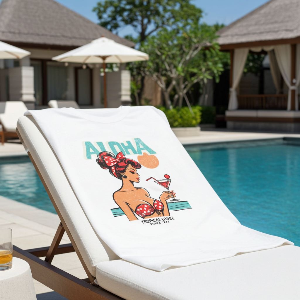 White lounge chair with a towel featuring a tropical design by a poolside.