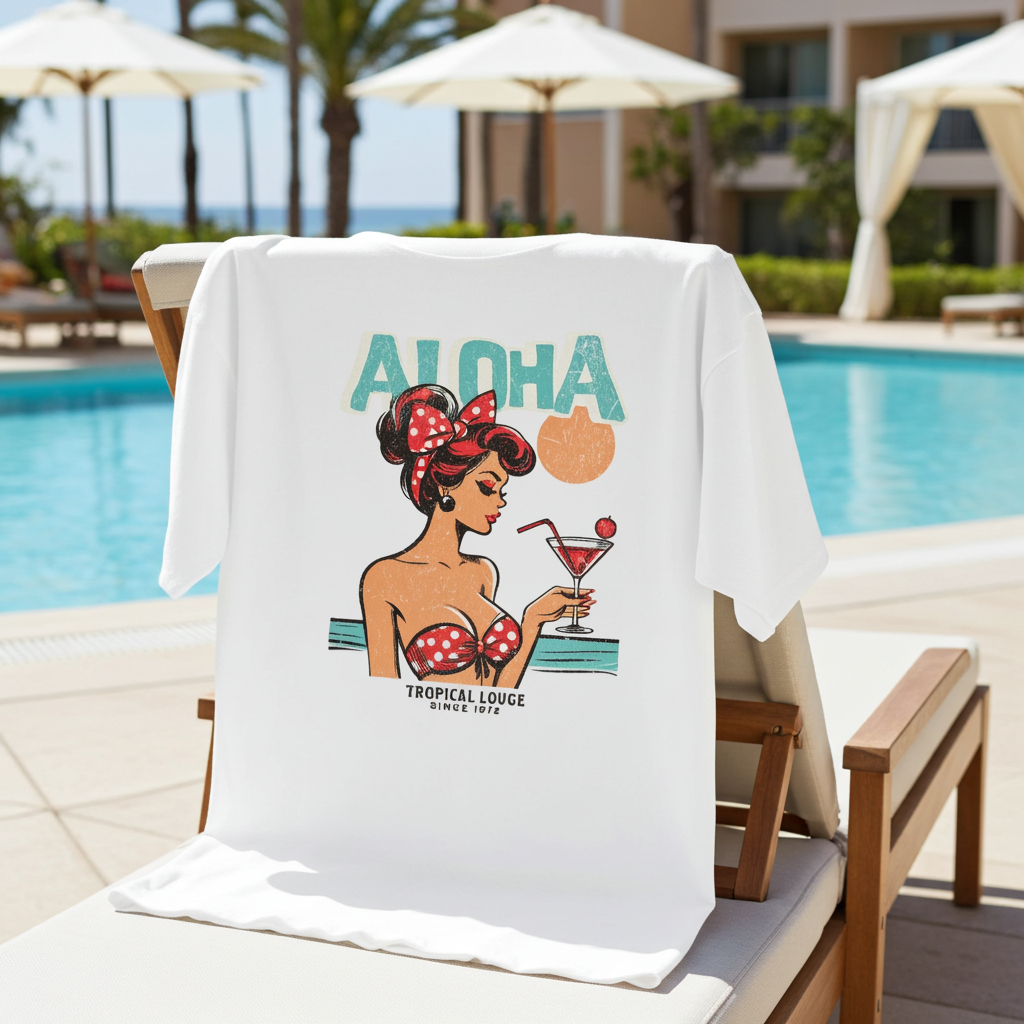 Towel with a tropical design featuring a woman holding a drink, placed on a lounge chair by a pool.