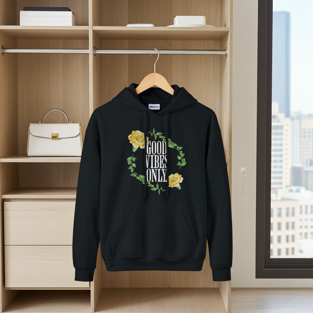 Black hoodie with floral design and text on a wooden shelf.