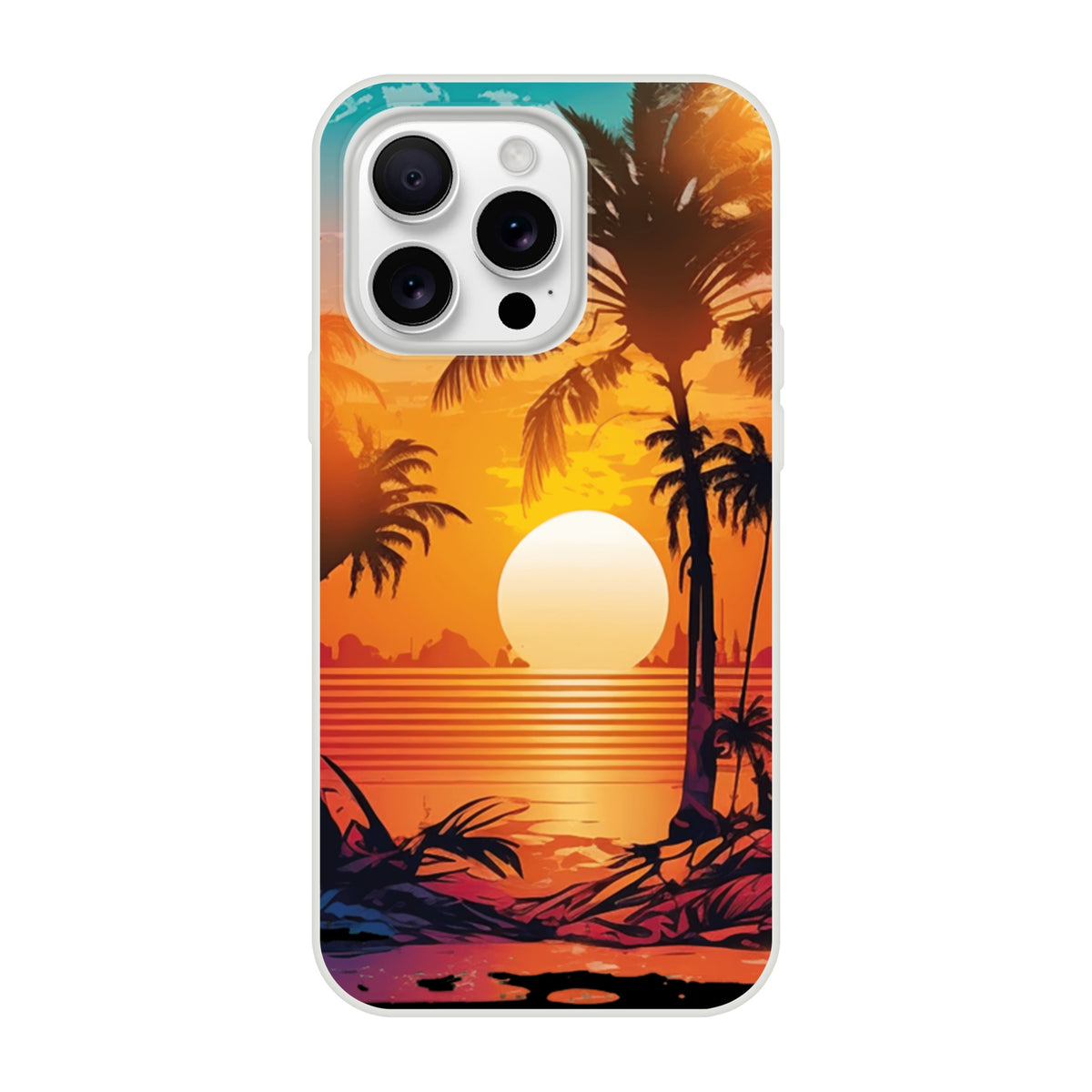 Tropical Sunset iPhone case with palm trees and sunset over orange water; slim protective cover for iPhone 16-15-14-13.