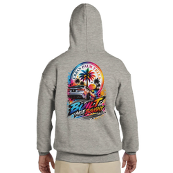 Grey men's hoodie featuring a colorful "Built Not Bought" car graphic with palm trees and sunset on the back. Petrolhead streetwear sweatshirt.
