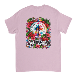 Pink t-shirt back print featuring retro "Sweet Escape" graphic with cherries, hibiscus, and palm tree.
