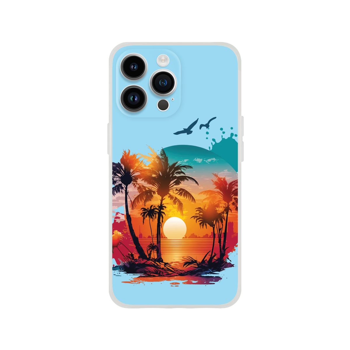 Cute Sunset iPhone Case (13-16) with tropical sunset scene and palm trees, Y2K streetwear vibe.