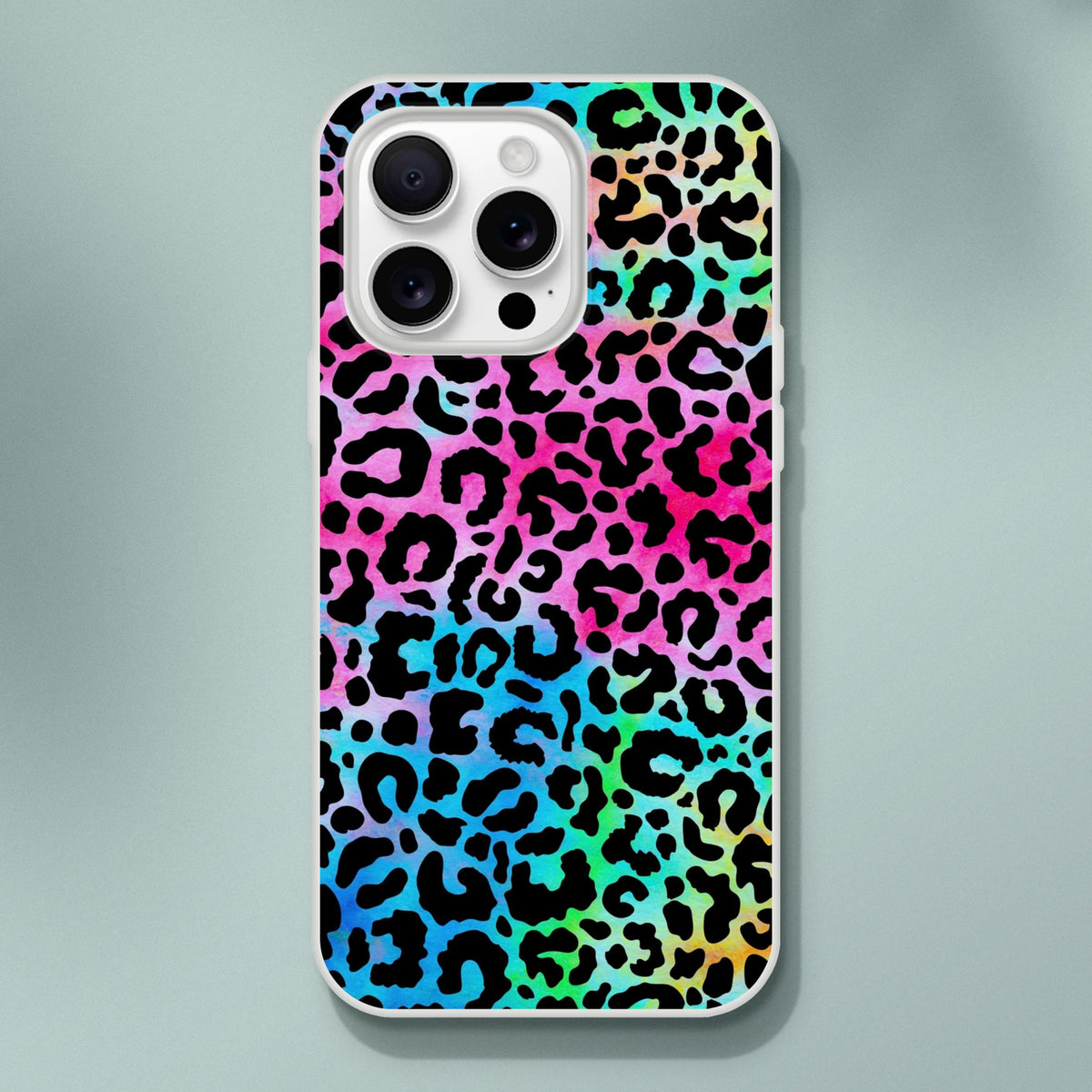 Rainbow leopard-print iPhone case for iPhone 13-16 with a slim matte finish and bold rainbow hues.