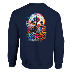 Navy Tucked Stance petrolhead sweatshirt featuring colorful lowered car graphic, palm trees, sunset, and Urban Palm Trees text.