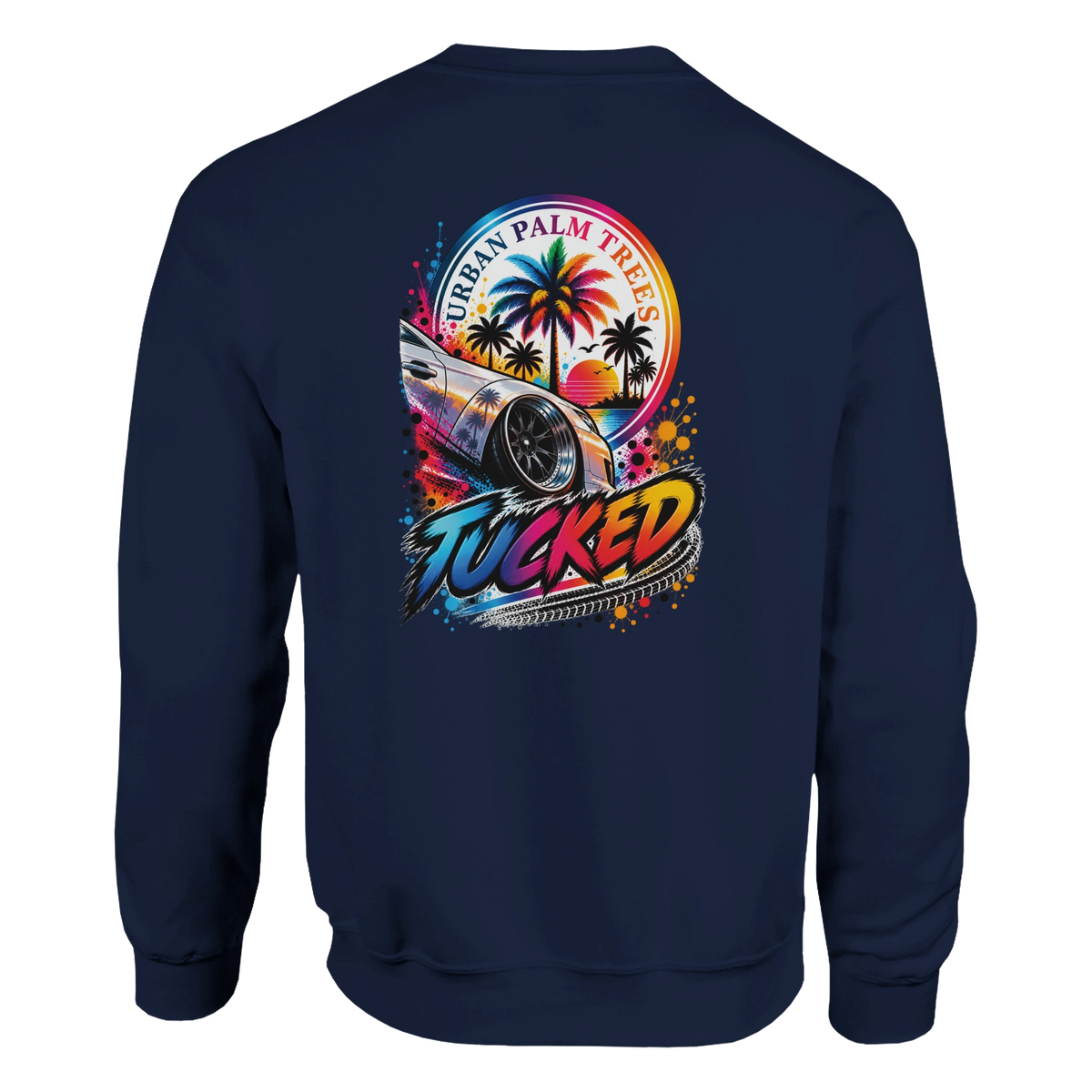 Navy Tucked Stance petrolhead sweatshirt featuring colorful lowered car graphic, palm trees, sunset, and Urban Palm Trees text.