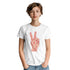 White women's graphic T-shirt featuring a pink peace-sign hand design, short sleeves, crew neck.
