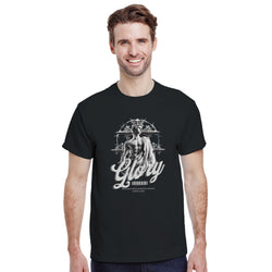 Male model wearing black Gothic Glory graphic T-shirt with silver statue motif and 'Glory' script.