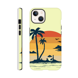 Retro tropical sunset palm tree iPhone case featuring beach scene with lighthouse and birds. Tough protective shell for drop protection.