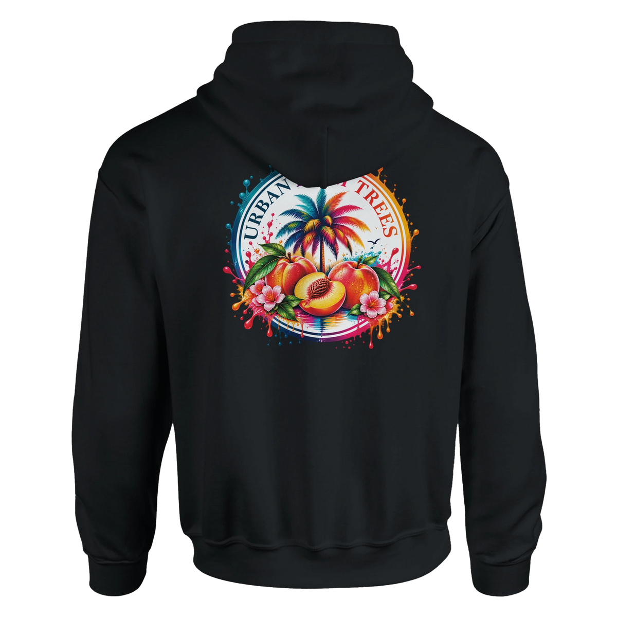 Black hoodie featuring a retro tropical back print with colorful peaches, a palm tree, and splashing paint art.