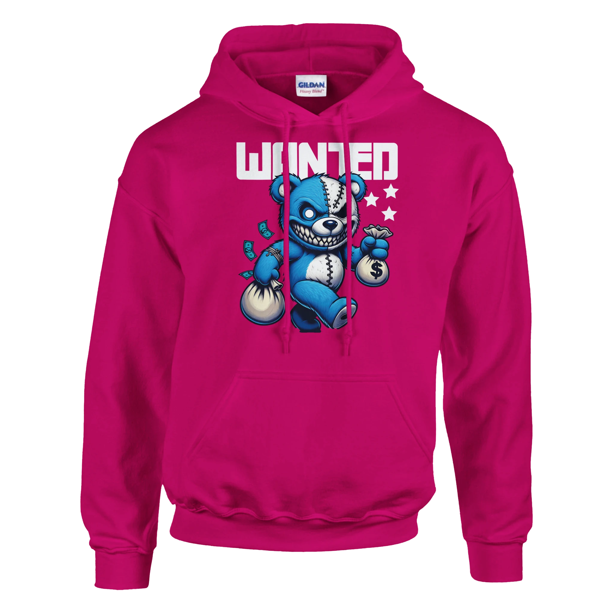 Pink men's Wanted Teddy Bear Hoodie with blue teddy bear holding money bags graphic on a 50/50 cotton-poly blend.