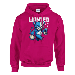 Pink men's Wanted Teddy Bear Hoodie with blue teddy bear holding money bags graphic on a 50/50 cotton-poly blend.