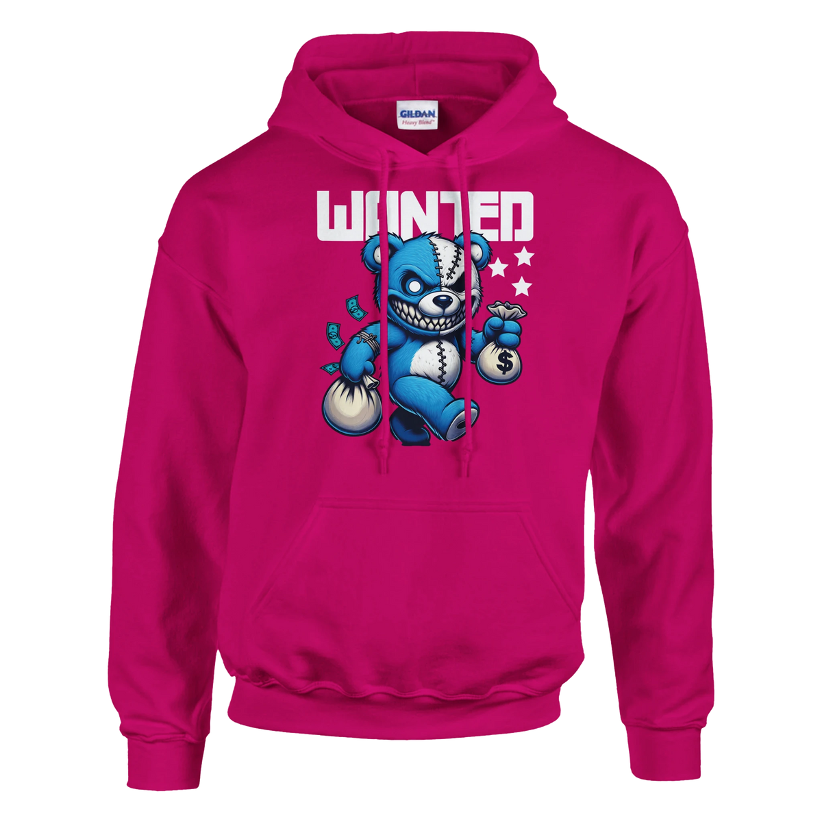 Pink men's Wanted Teddy Bear Hoodie with blue teddy bear holding money bags graphic on a 50/50 cotton-poly blend.