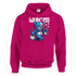 Pink men's Wanted Teddy Bear Hoodie with blue teddy bear holding money bags graphic on a 50/50 cotton-poly blend.