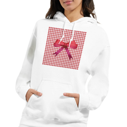 White hoodie with red gingham patch and bow, cute coquette aesthetic pullover.