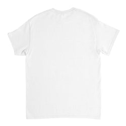 White women's short-sleeve T-shirt, back view, cotton-blend fabric