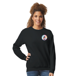 Black women's sweatshirt featuring a colorful retro circular palm tree graphic on the chest for a relaxed tropical streetwear look.