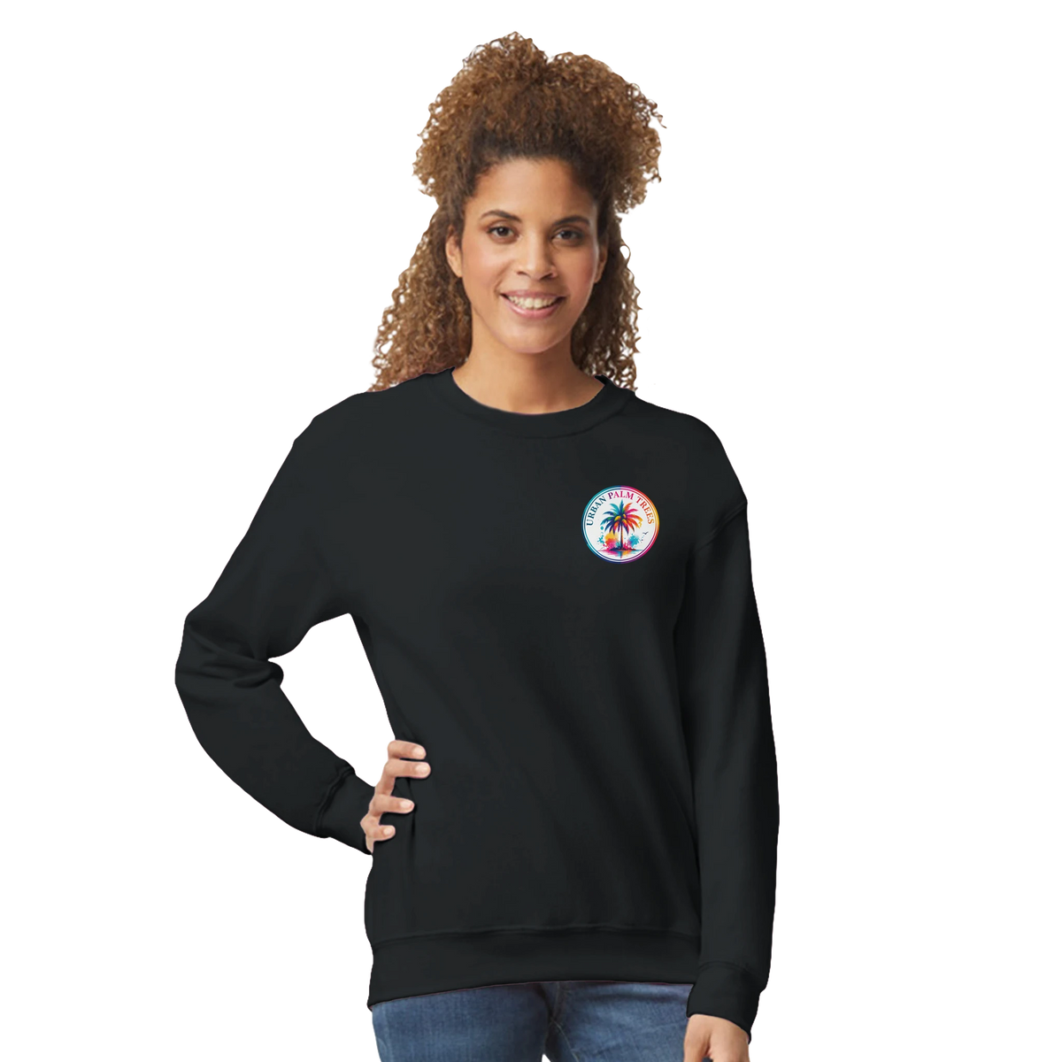 Black women's sweatshirt featuring a colorful retro circular palm tree graphic on the chest for a relaxed tropical streetwear look.