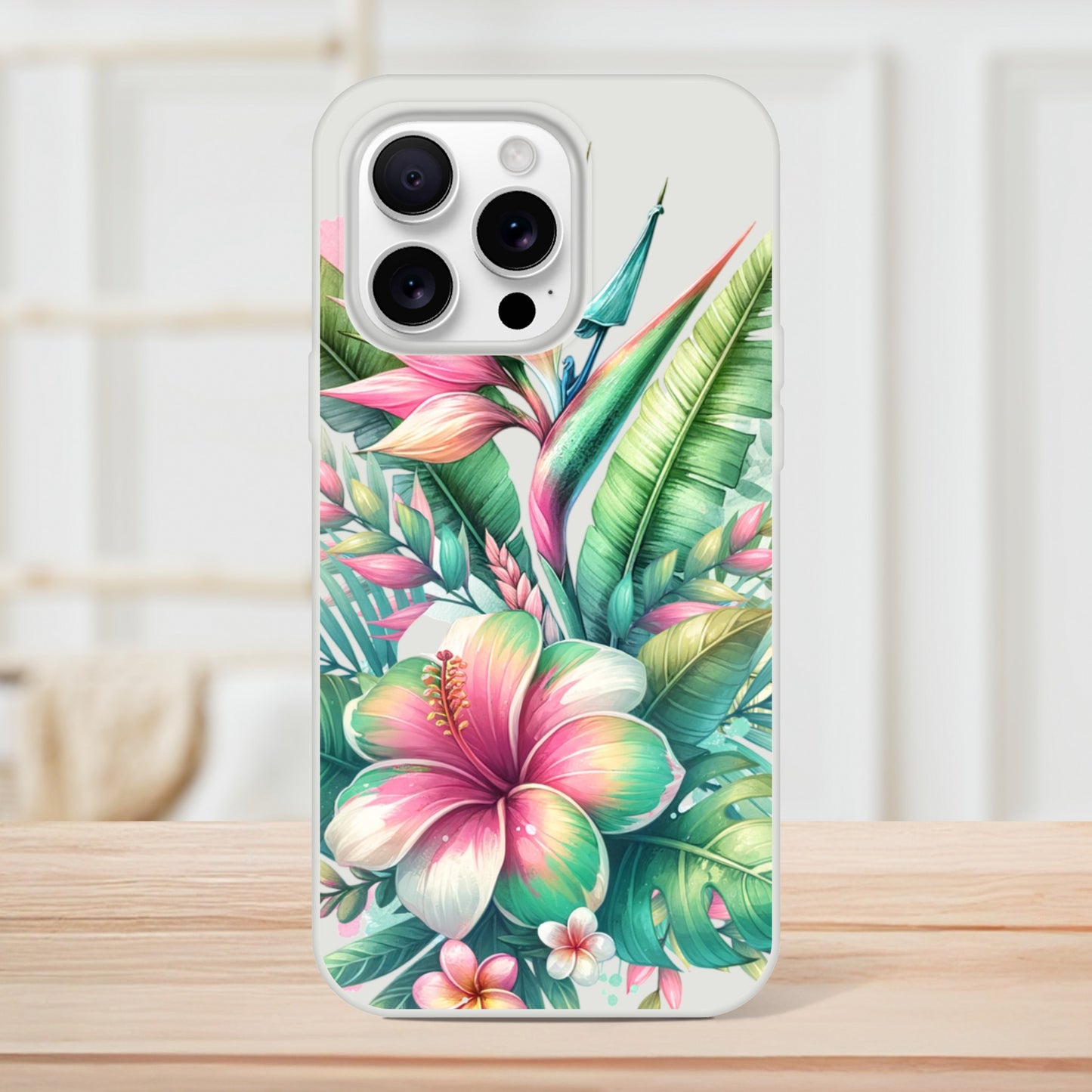 iPhone case with tropical floral design on a wooden surface 21