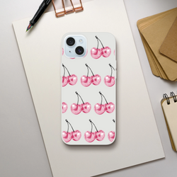 Transparent slim protective iPhone 13-16 case with pink glitter ball cherries pattern.