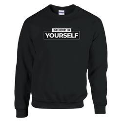 Black women's sweatshirt with white-outlined box and BELIEVE IN YOURSELF slogan.