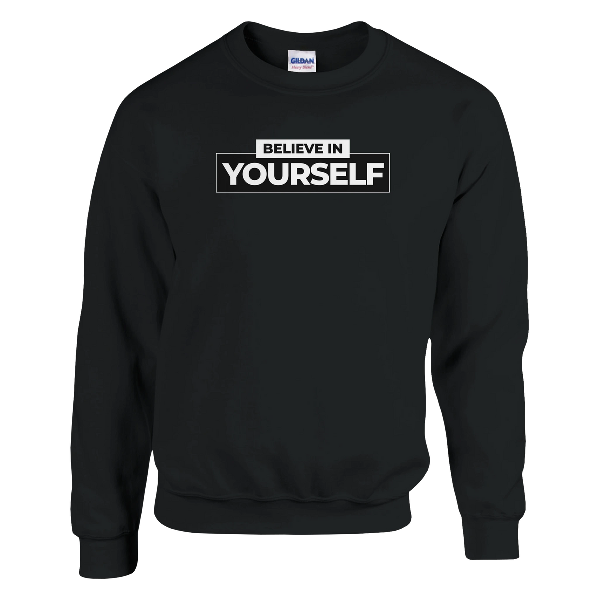 Black women's sweatshirt with white-outlined box and BELIEVE IN YOURSELF slogan.