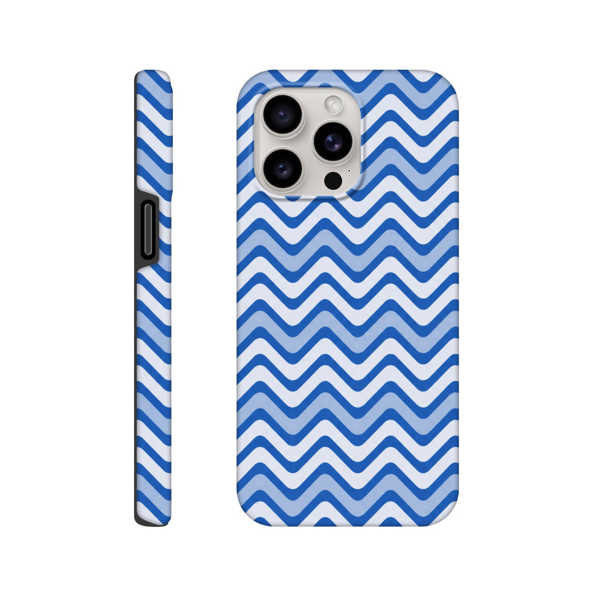Blue and white retro zigzag iPhone case with durable tough protection and wraparound chevron print for models 13-16.
