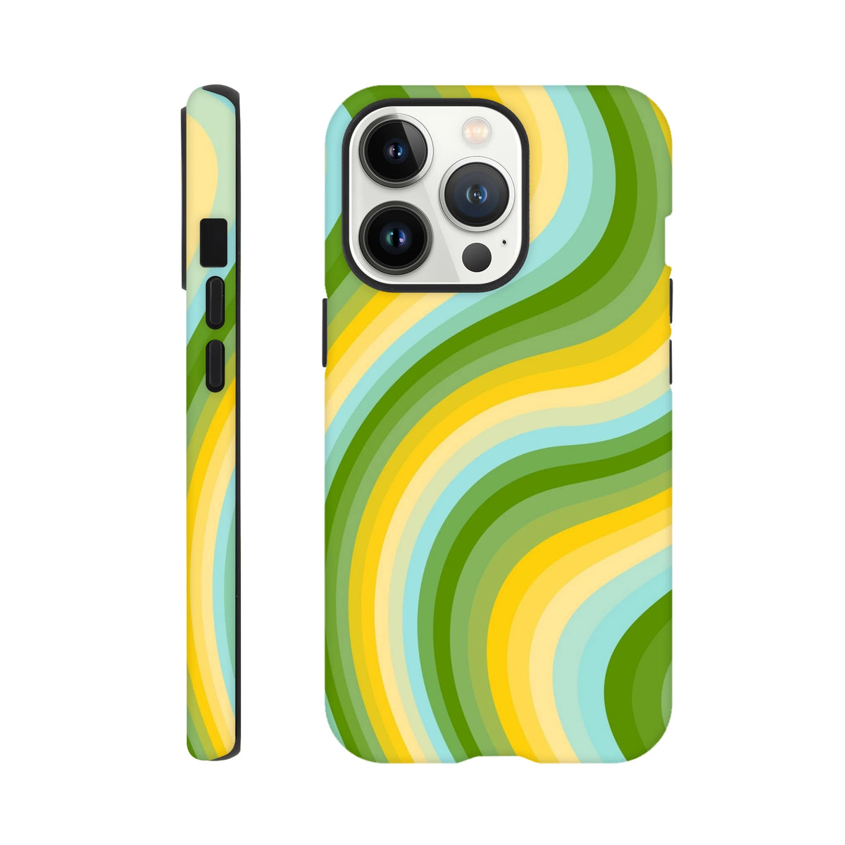 Green and yellow retro wave iPhone case featuring Y2K wavy stripes and tough protection for streetwear style.