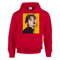 Red pullover hoodie featuring retro brunette pop art woman illustration on yellow background for vintage streetwear.