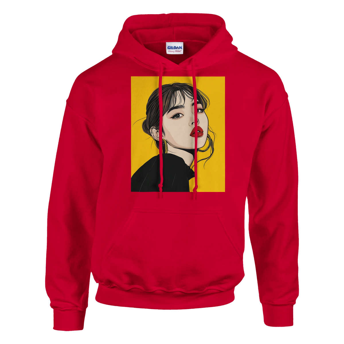 Red pullover hoodie featuring retro brunette pop art woman illustration on yellow background for vintage streetwear.