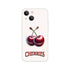 Cherry iPhone case with twin cherries illustration and CHERRIES text on light background, fits iPhone 13 Pro–15 Pro.