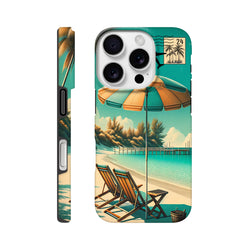 Vintage beach holiday iPhone case featuring retro coastal art with lounge chairs, striped umbrella, pier, and palm tree postmark stamp.