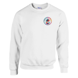 White crewneck sweatshirt featuring a colorful retro Urban Palm Trees graphic on the chest for a tropical holiday vibe.