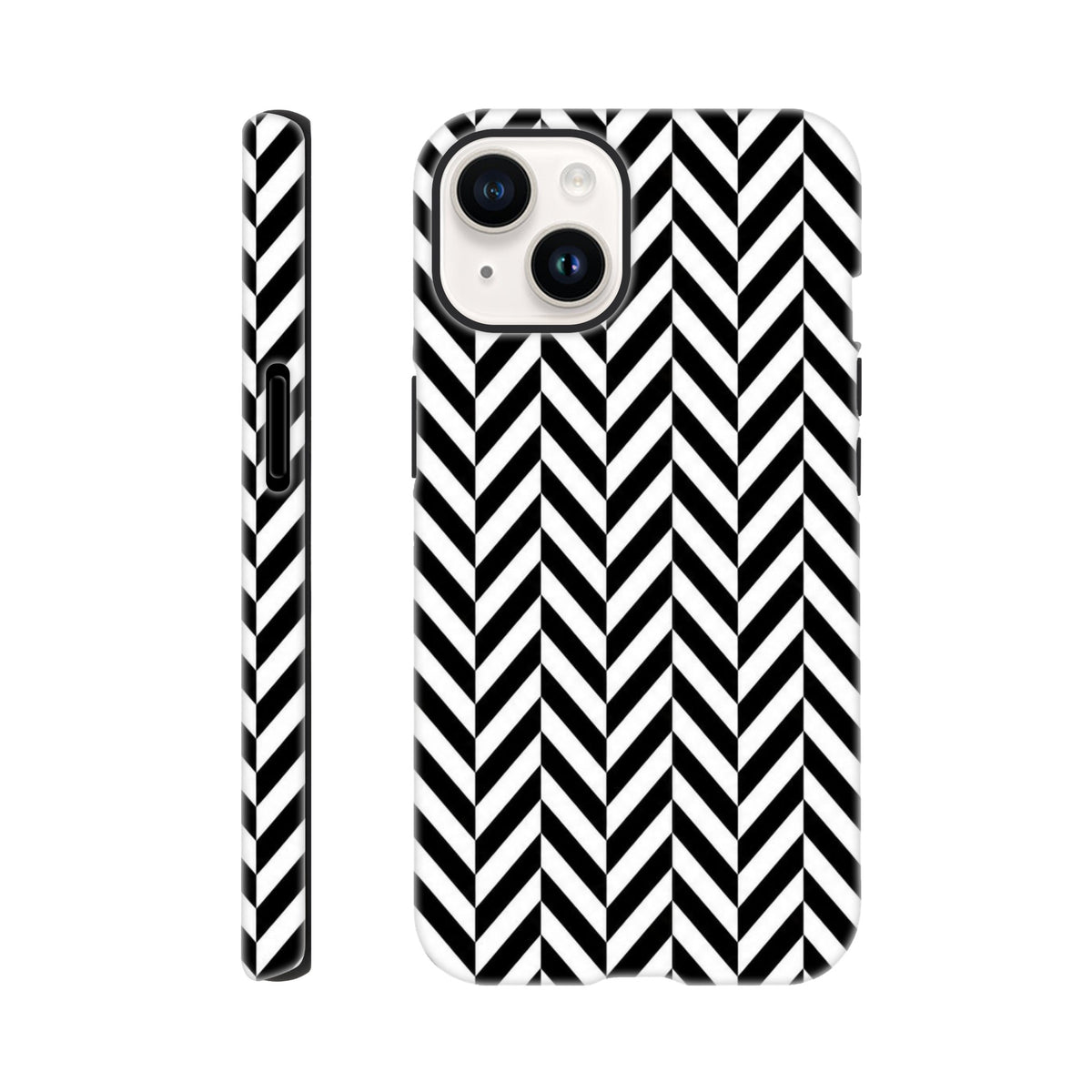 Black and white herringbone iPhone case with geometric chevron pattern. Tough dual-layer protective cover with shock-absorbing TPU for daily use.