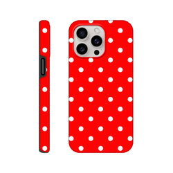Red and white polka dot tough iPhone case featuring a glossy vintage wraparound print and dual-layer TPU shell for drop protection.