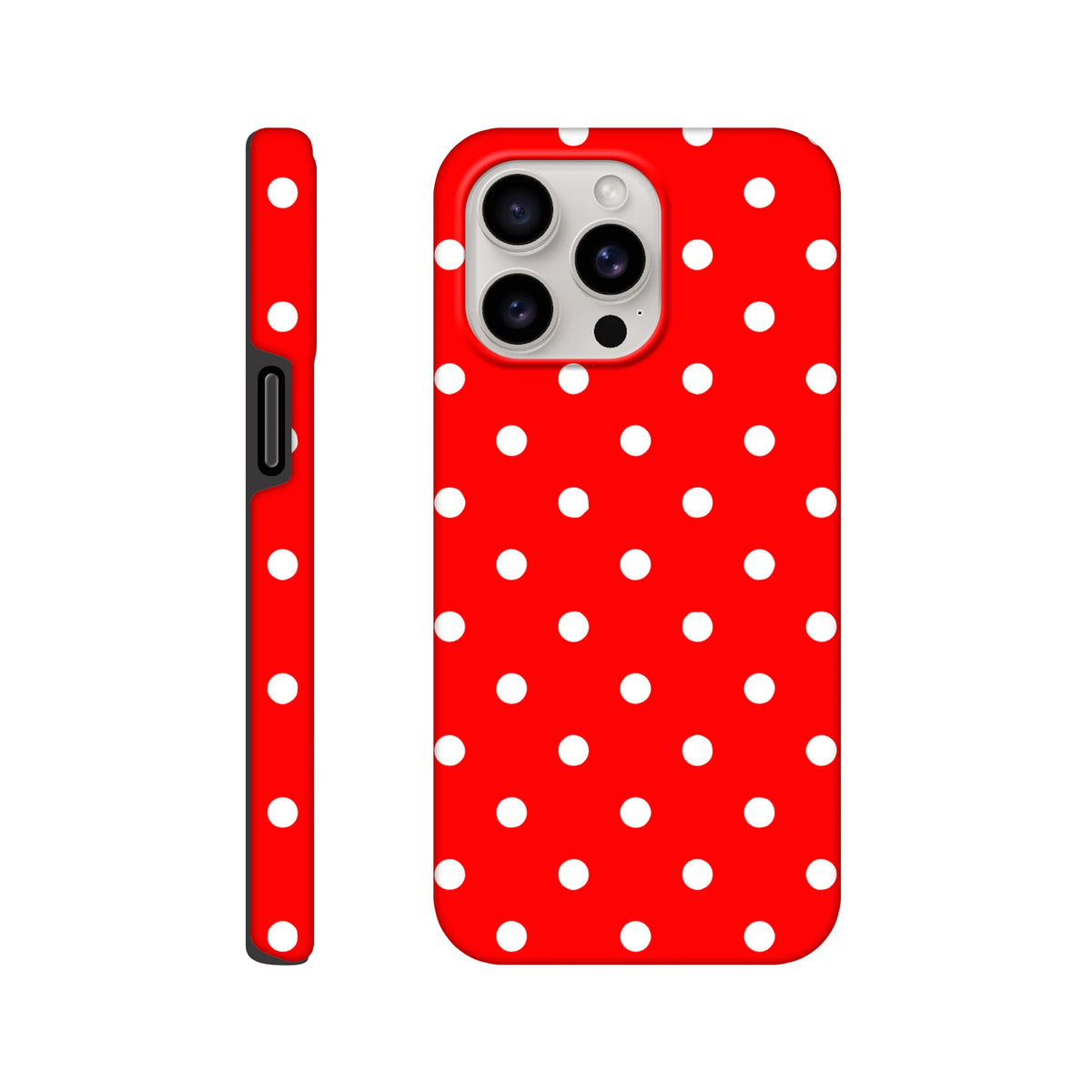 Red and white polka dot tough iPhone case featuring a glossy vintage wraparound print and dual-layer TPU shell for drop protection.