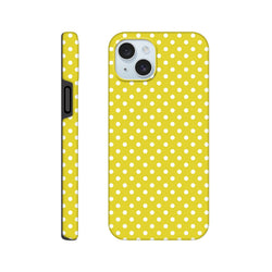 Yellow & white polka dot tough iPhone case with dual-layer TPU protection and precise cutouts for models 13-16.