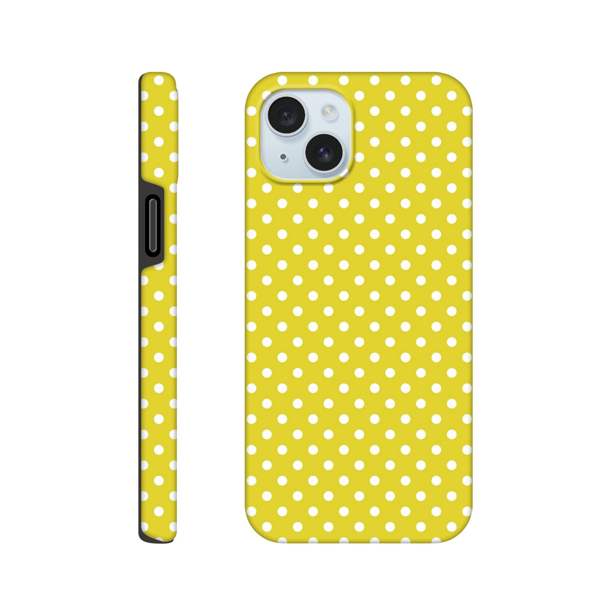 Yellow & white polka dot tough iPhone case with dual-layer TPU protection and precise cutouts for models 13-16.