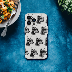 Gangster dog iPhone case for iPhone 13–16; frosty transparent shell with Doberman silhouettes wearing sunglasses.