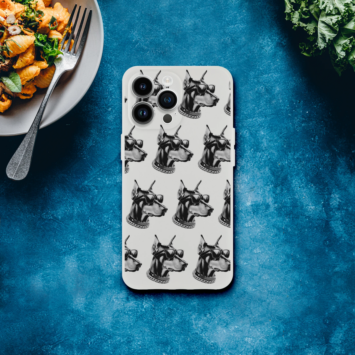 Gangster dog iPhone case for iPhone 13–16; frosty transparent shell with Doberman silhouettes wearing sunglasses.