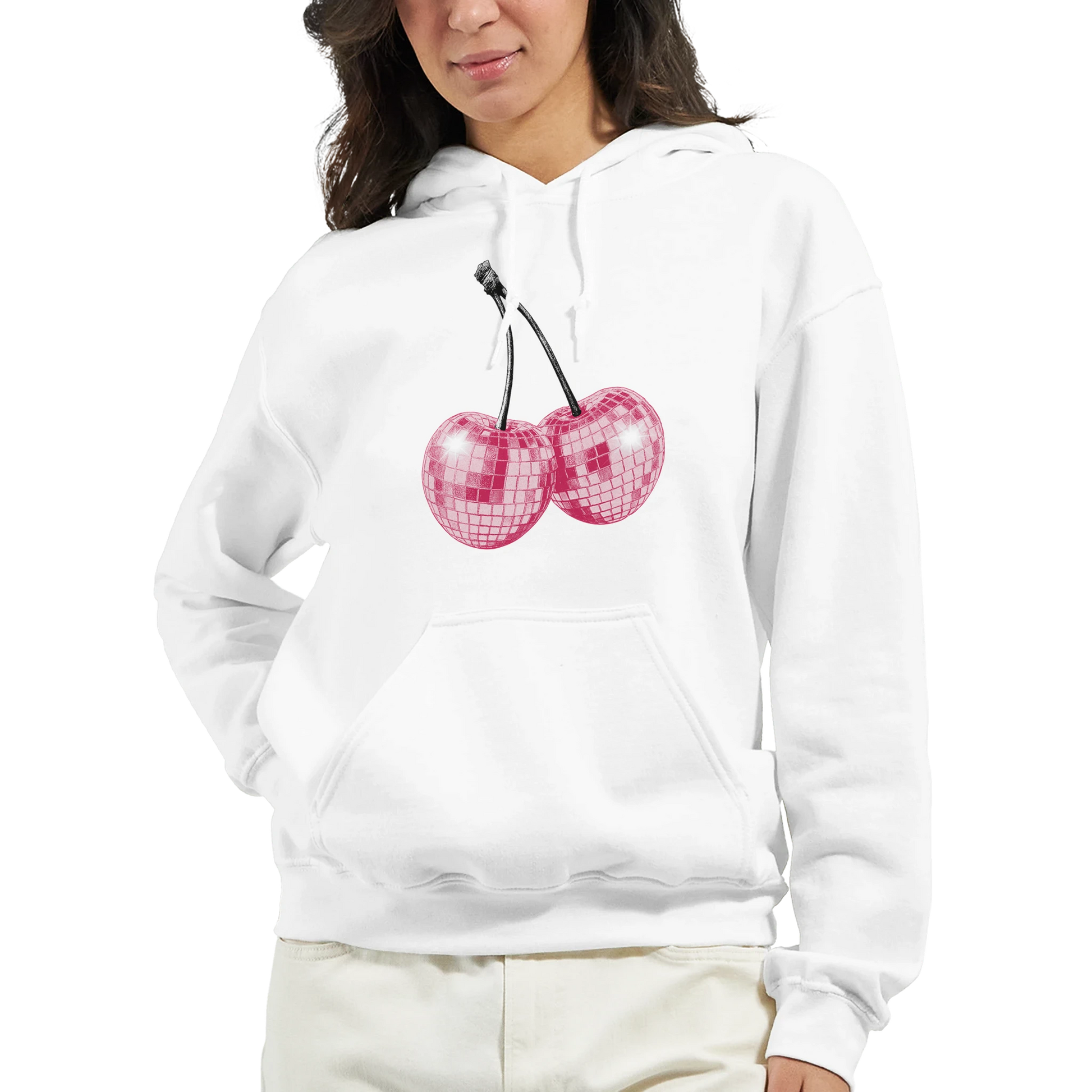 Woman wearing a white cotton-blend hoodie with pink glitter cherries graphic and a front pocket.