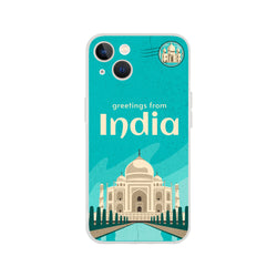 Vintage postcard-style iPhone case with India holiday motif, Taj Mahal illustration and greetings from India.