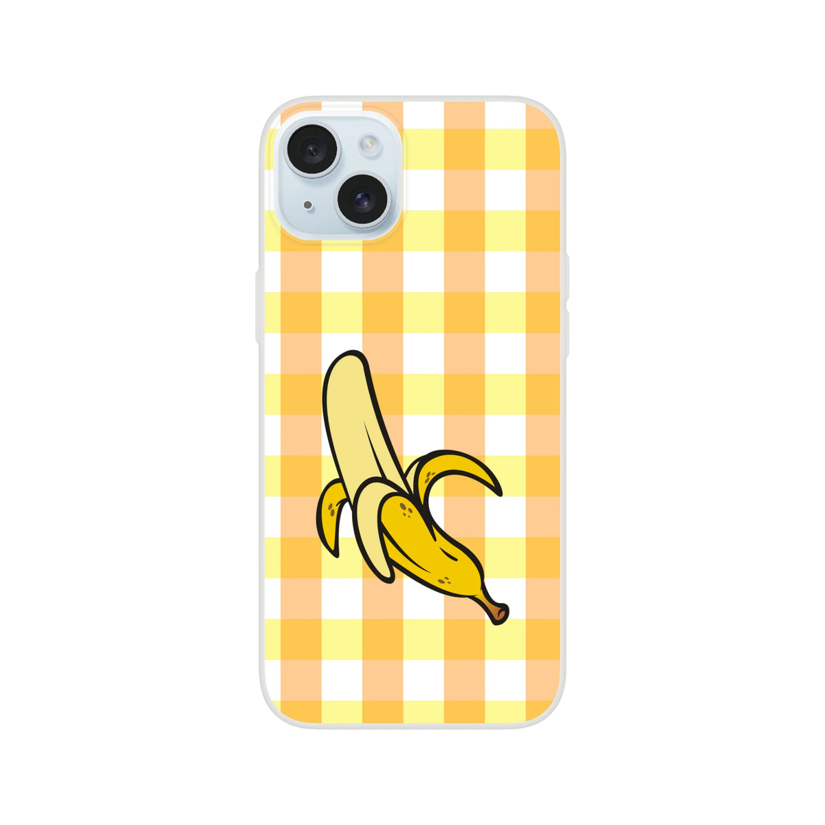 Yellow banana-gingham iPhone case for 13–16, bold streetwear-inspired protective shell.