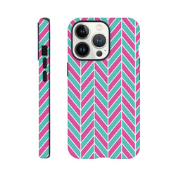 Pink and turquoise herringbone geometric iPhone case with tough shock-absorbing design for models 13 to 16.