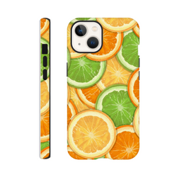 Vibrant orange and lime slice pattern phone case with shock-absorbing TPU protection for iPhone 13-16 models.
